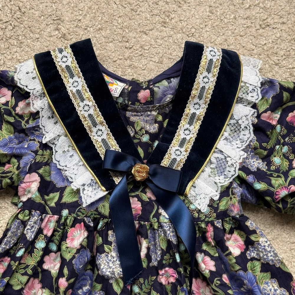 Vintage Colors & Co Navy Floral Velvet Lace Sailor Collar Dress Girls Size 3